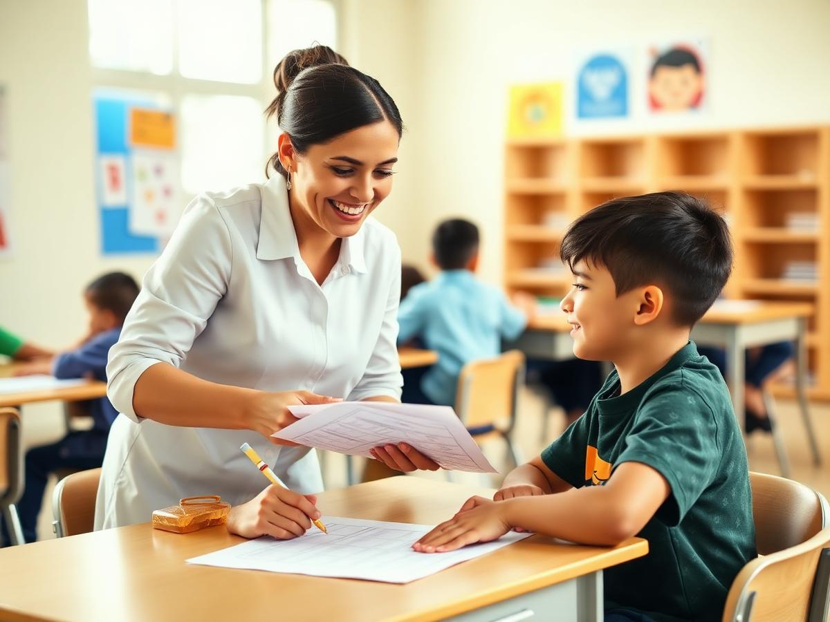 Professora entregando uma atividade imprimível para um aluno em sala de aula